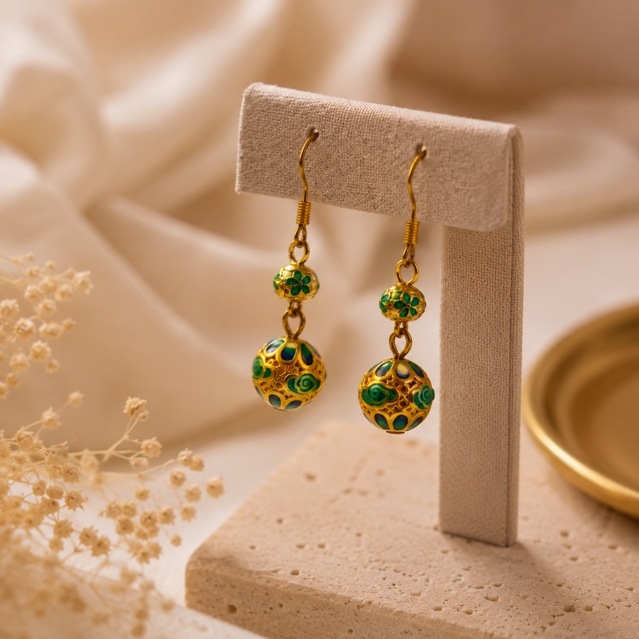 Green Ruyi Cloisonné Drop Earrings