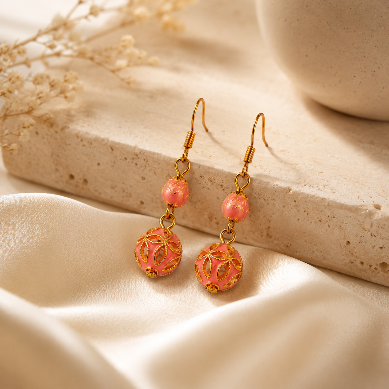 Amber Blossom Cloisonné Drop Earrings