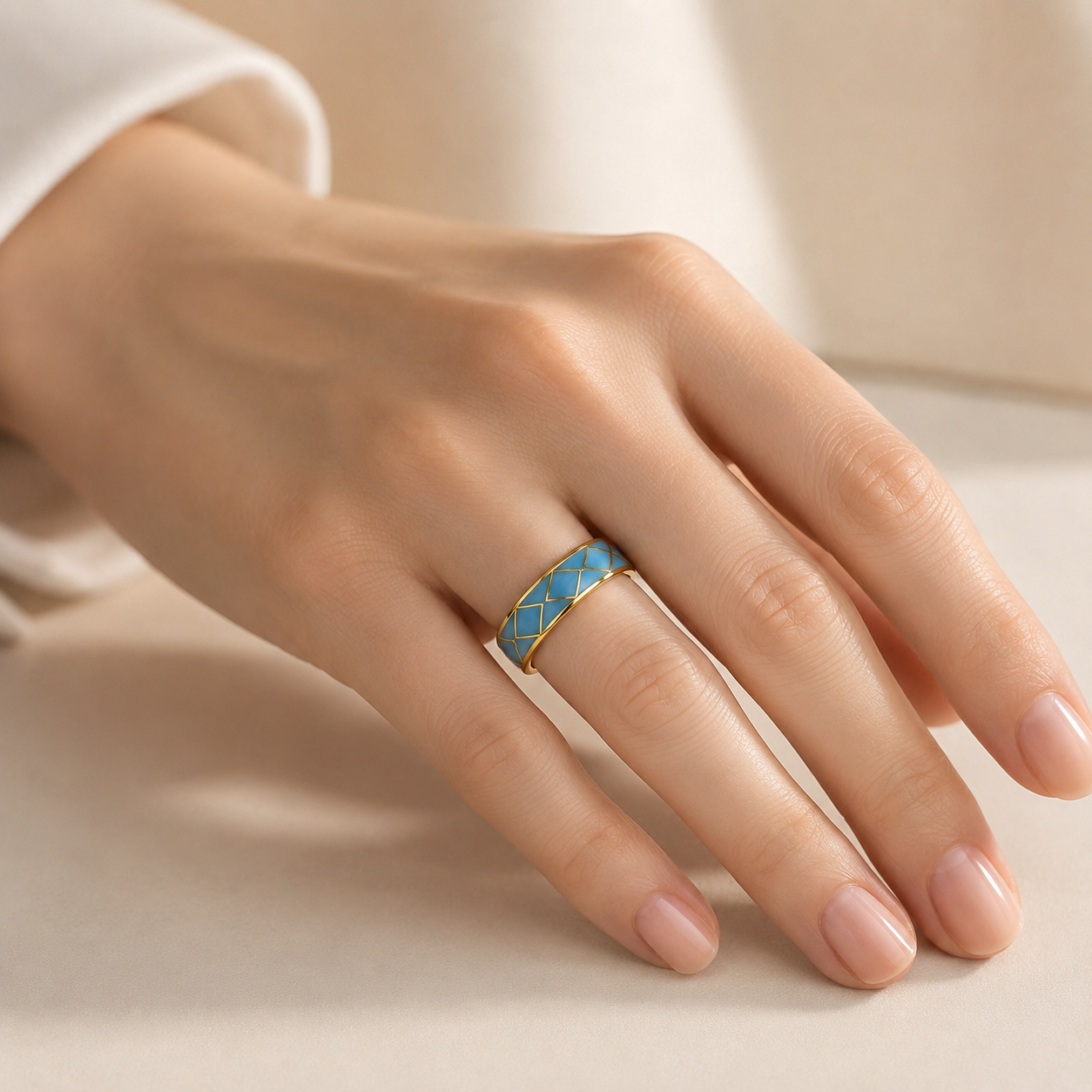 Blue Diamond Lattice Cloisonné Ring