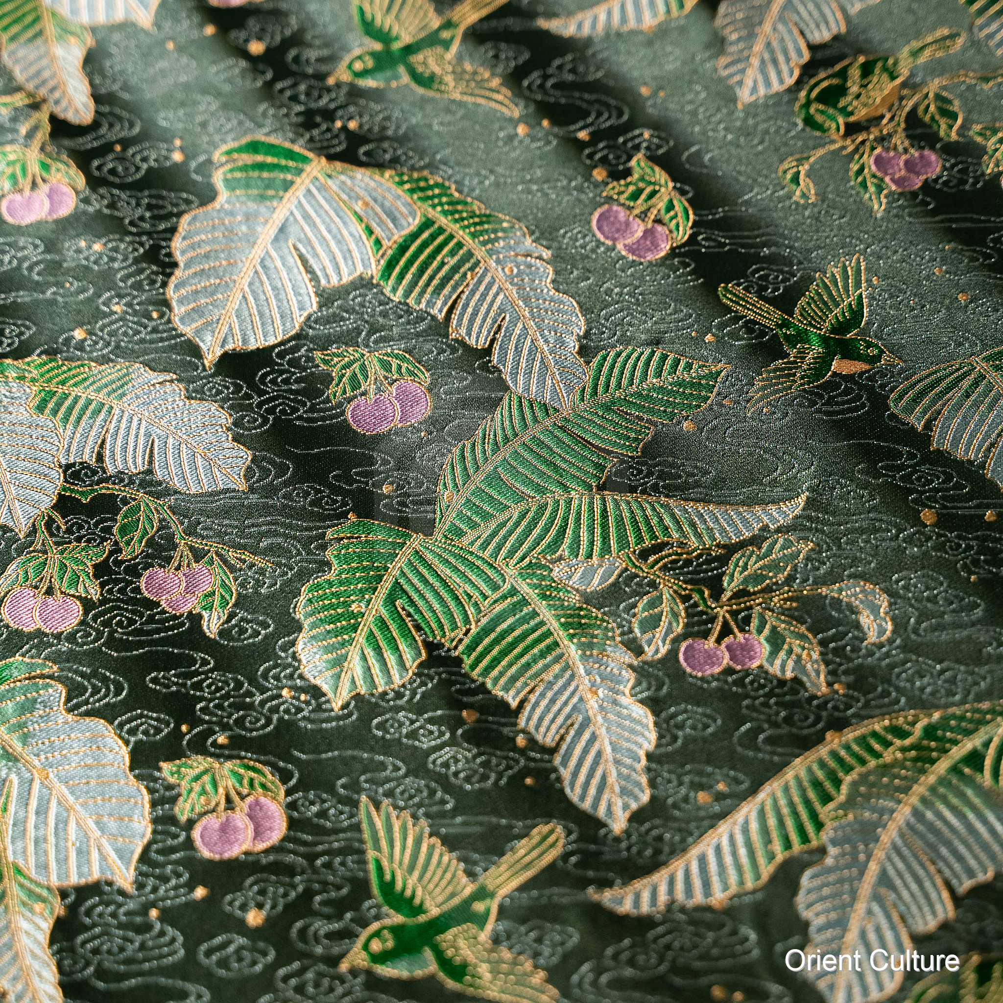 Cherry & Banana Leaves · Ink Gold Shu Brocade — Shu Brocade fabric by Orient Culture
