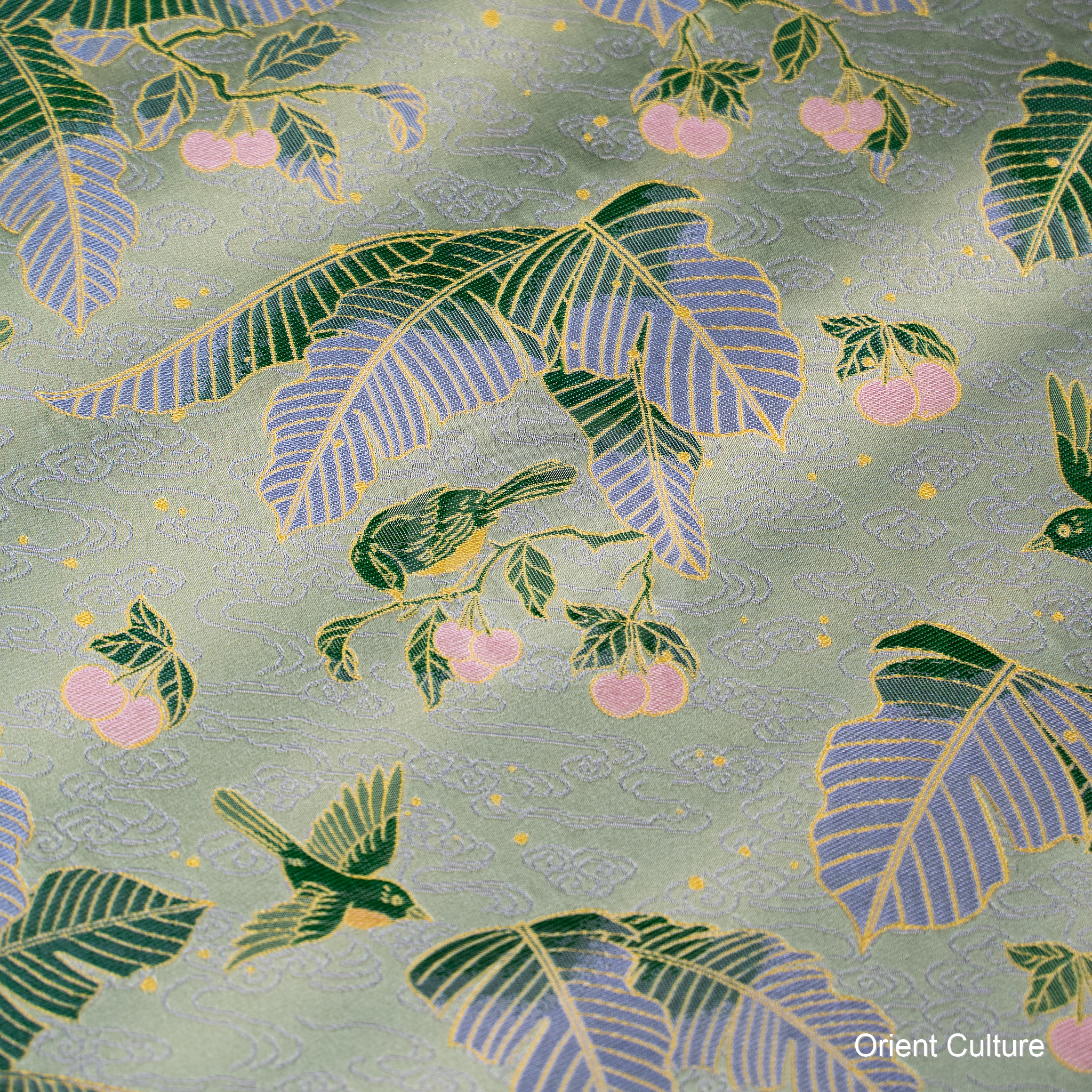 Cherry & Banana Leaves · Fresh Green Shu Brocade — Shu Brocade fabric by Orient Culture