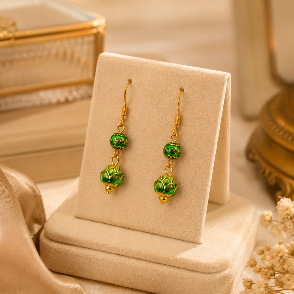 Green Teardrop Cloisonné Earrings