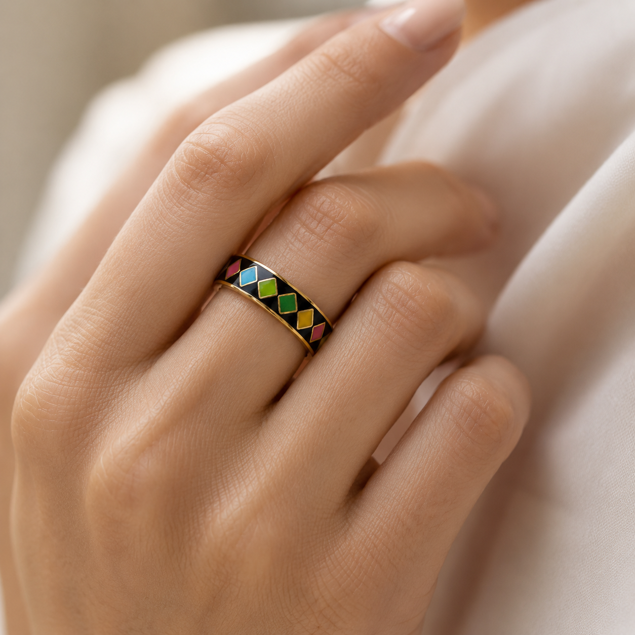 Black Multicolour Diamond Cloisonné Ring