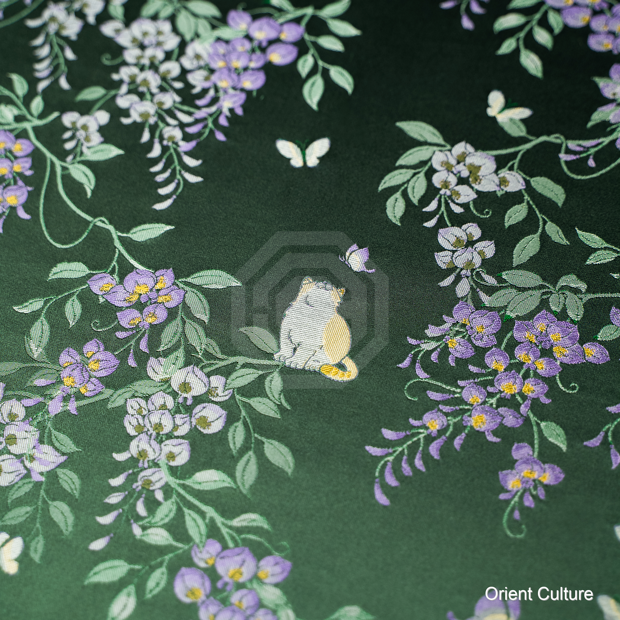 Wisteria Cat & Butterfly · Dark Green Shu Brocade — Shu Brocade fabric by Orient Culture