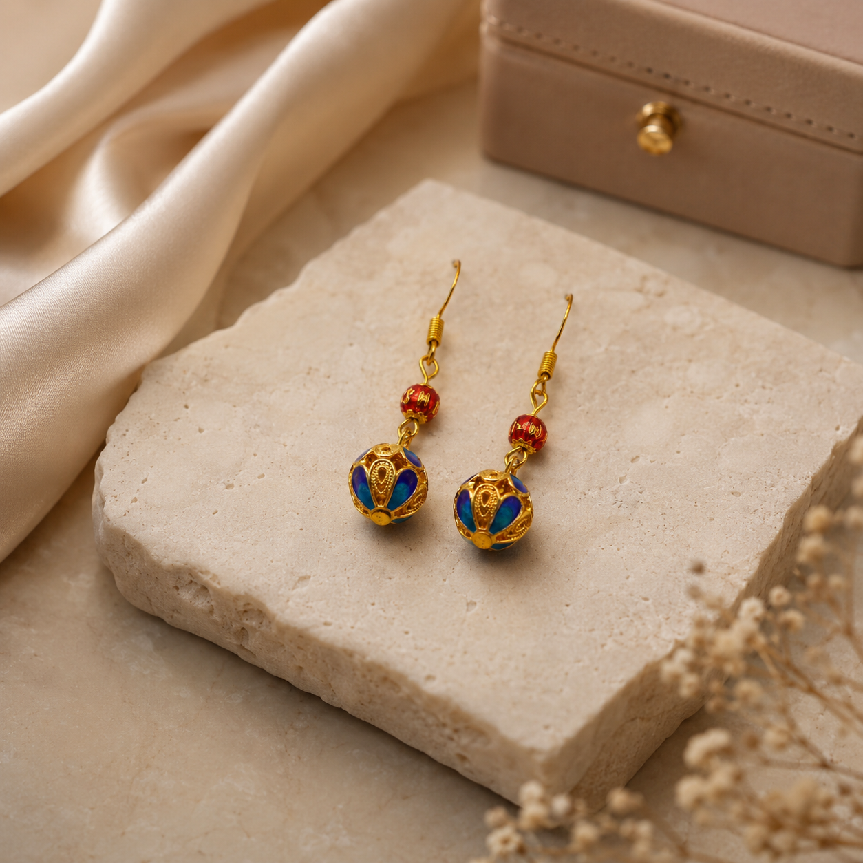 Amber Floral Cloisonné Drop Earrings