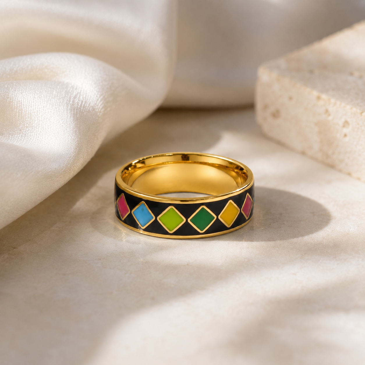 Black Multicolour Diamond Cloisonné Ring