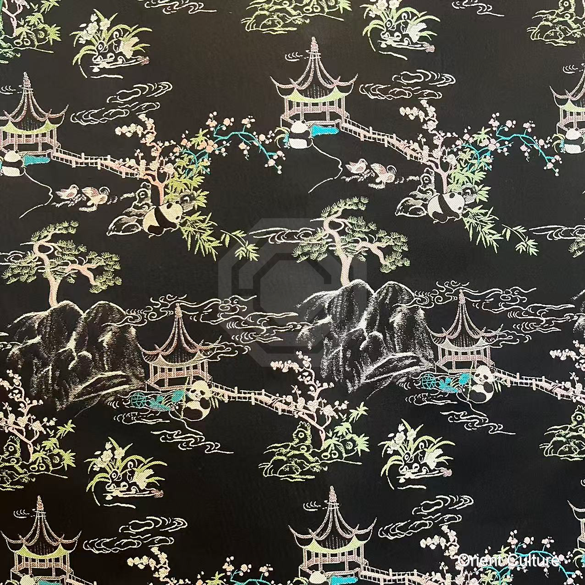 Black Panda Garden Scene Shu Brocade — Shu Brocade fabric by Orient Culture