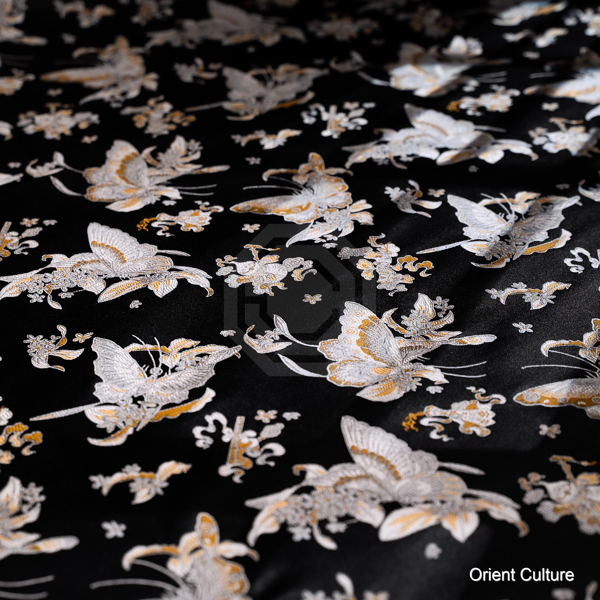 Eight Treasures Osmanthus Butterfly · Black Gold Shu Brocade — Shu Brocade fabric by Orient Culture