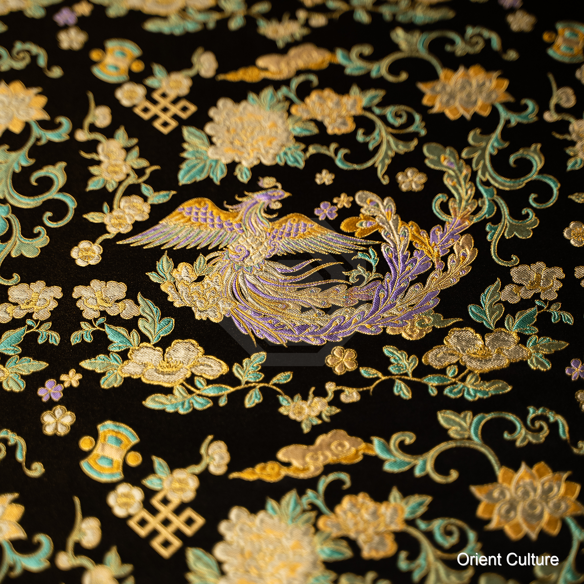 Colourful Phoenix & Peony · Black Gold Shu Brocade — Shu Brocade fabric by Orient Culture