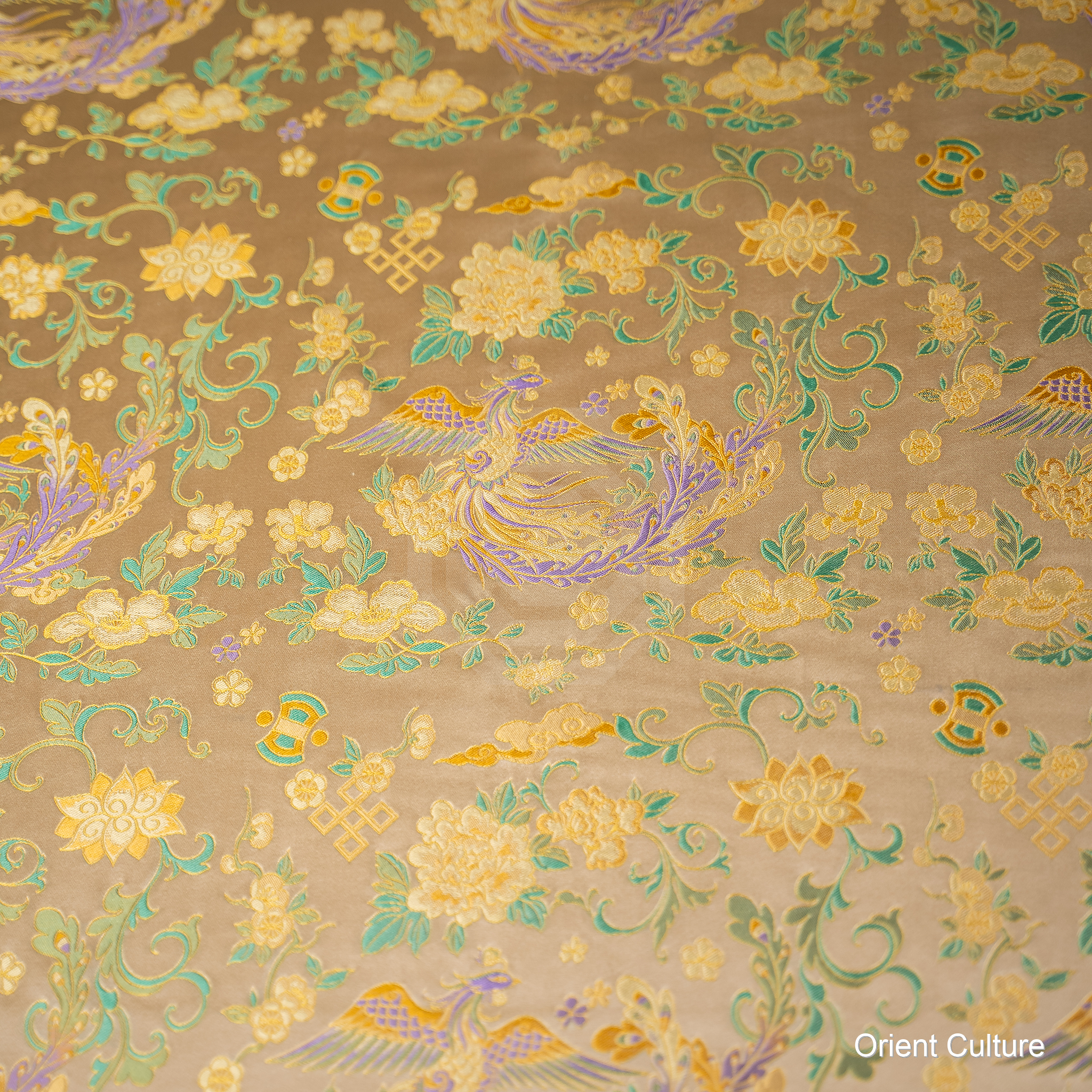 Colourful Phoenix & Peony · Light Gold Shu Brocade — Shu Brocade fabric by Orient Culture