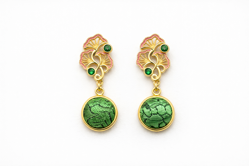 Emerald Peony Shu Brocade Drop Earrings