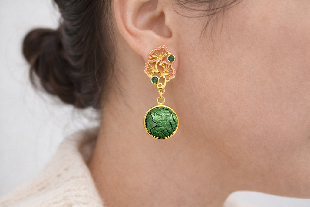 Emerald Peony Shu Brocade Drop Earrings