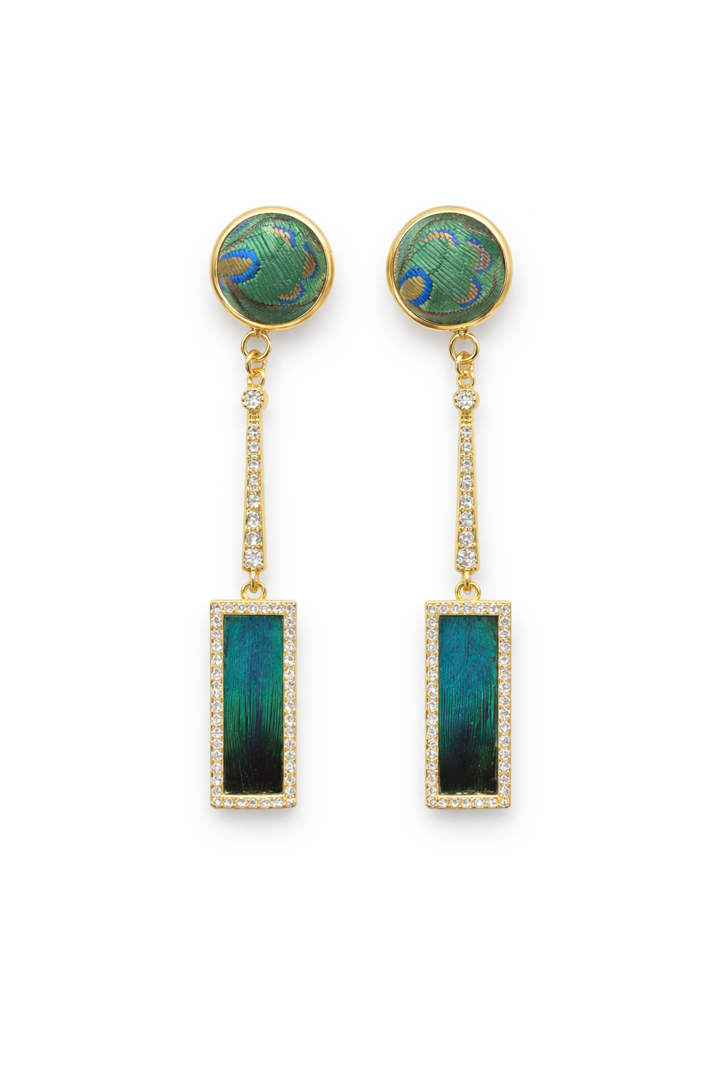 Shu Brocade & Peacock Feather-Inlay Drop Earrings