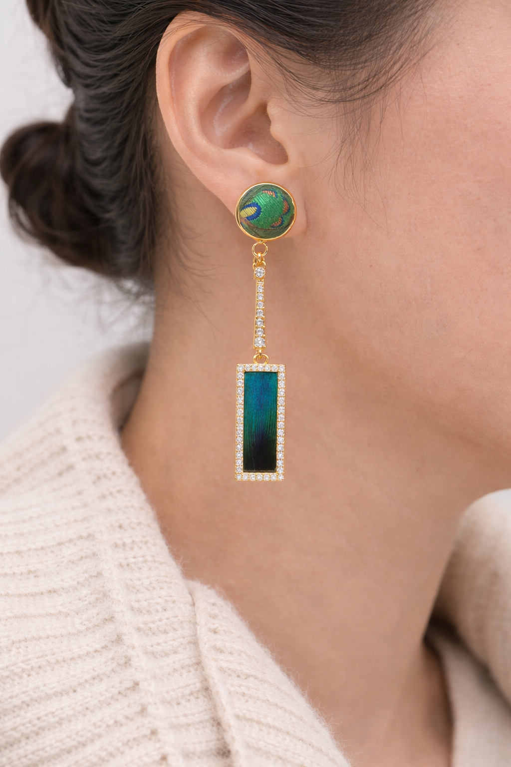 Shu Brocade & Peacock Feather-Inlay Drop Earrings