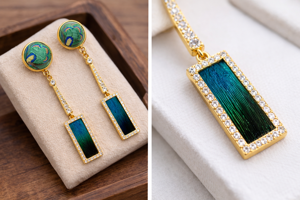 Shu Brocade & Peacock Feather-Inlay Drop Earrings