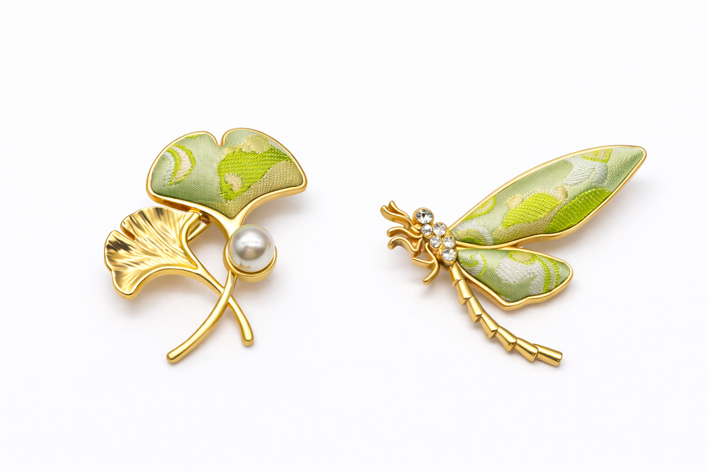 Panda Brocade Heritage Brooch – Ginkgo & Dragonfly
