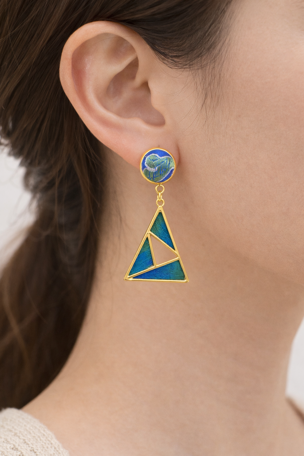Shu Brocade Feather-Inlay Geometric Drop Earrings
