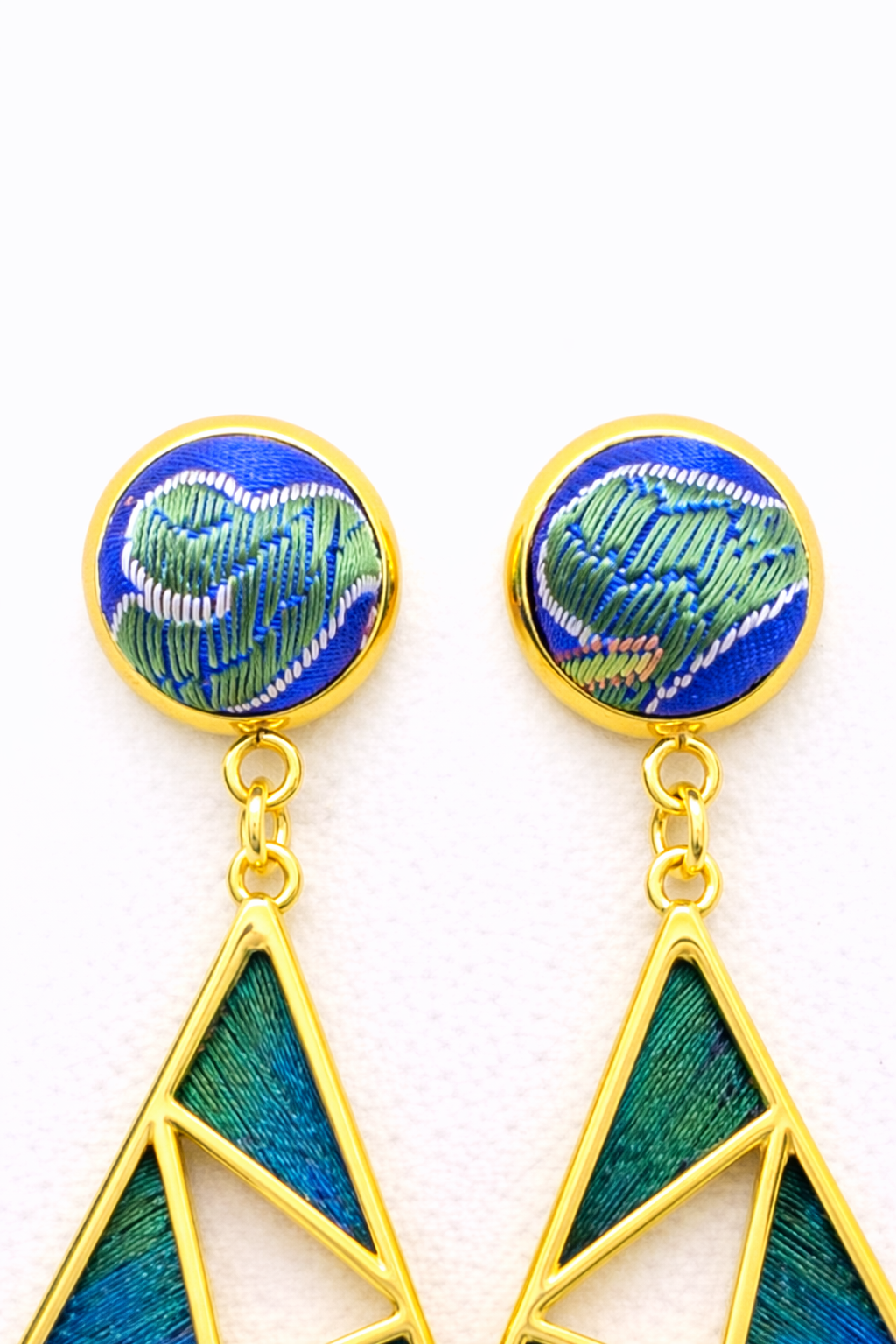 Shu Brocade Feather-Inlay Geometric Drop Earrings