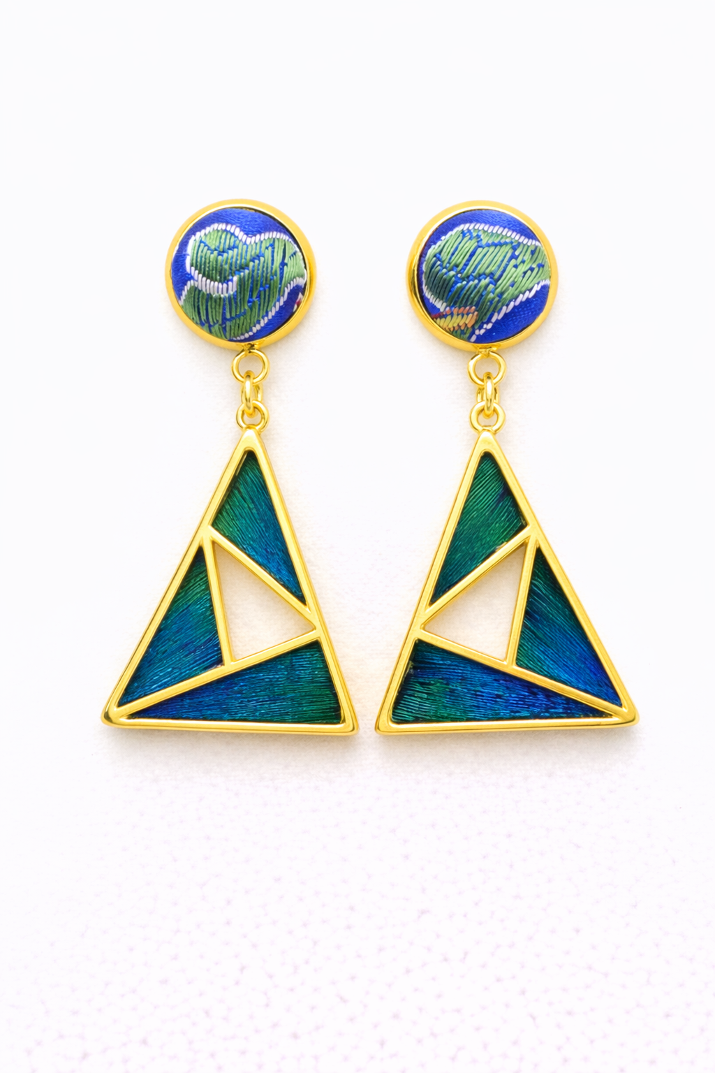 Shu Brocade Feather-Inlay Geometric Drop Earrings