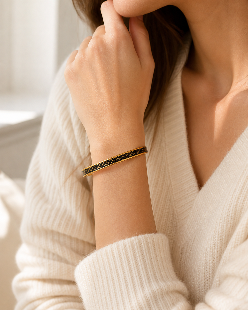 Black Cloisonné Scale Bangle with Gold-Tone Detailing