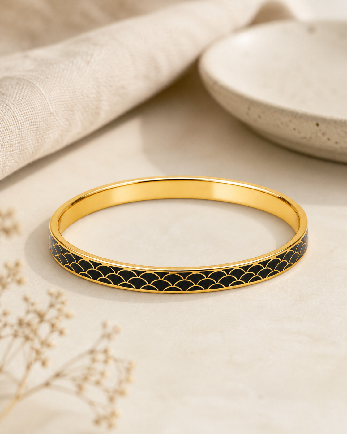 Black Cloisonné Scale Bangle with Gold-Tone Detailing