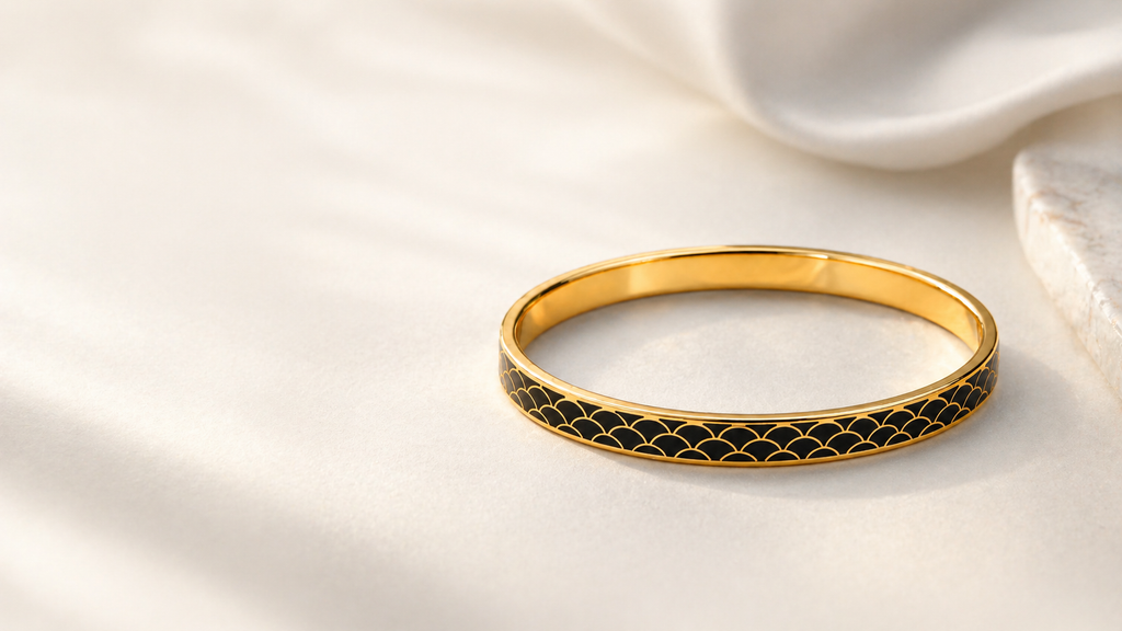 Black Cloisonné Scale Bangle with Gold-Tone Detailing