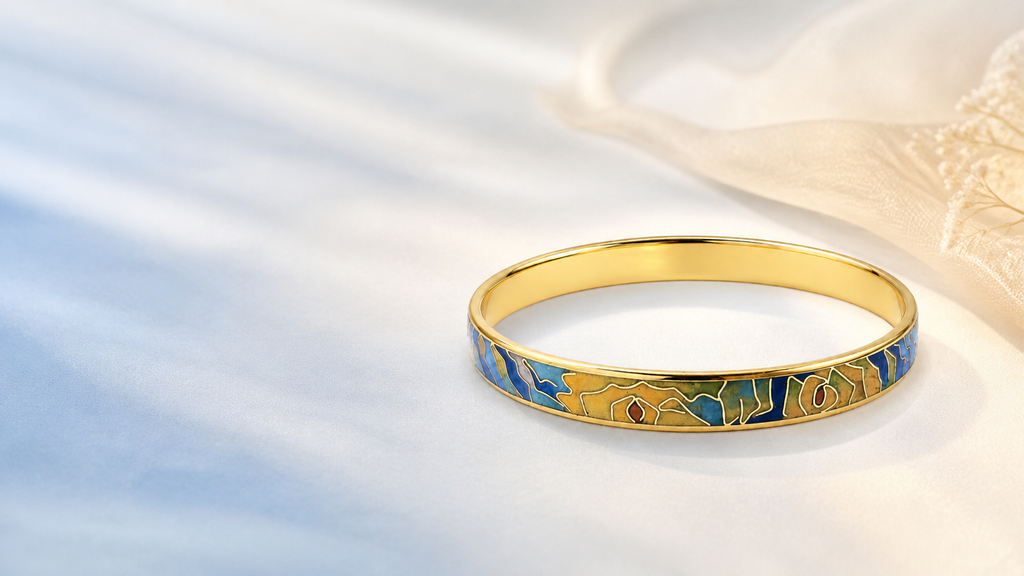 Blue Landscape Cloisonné Bangle with Gold-Tone Detailing