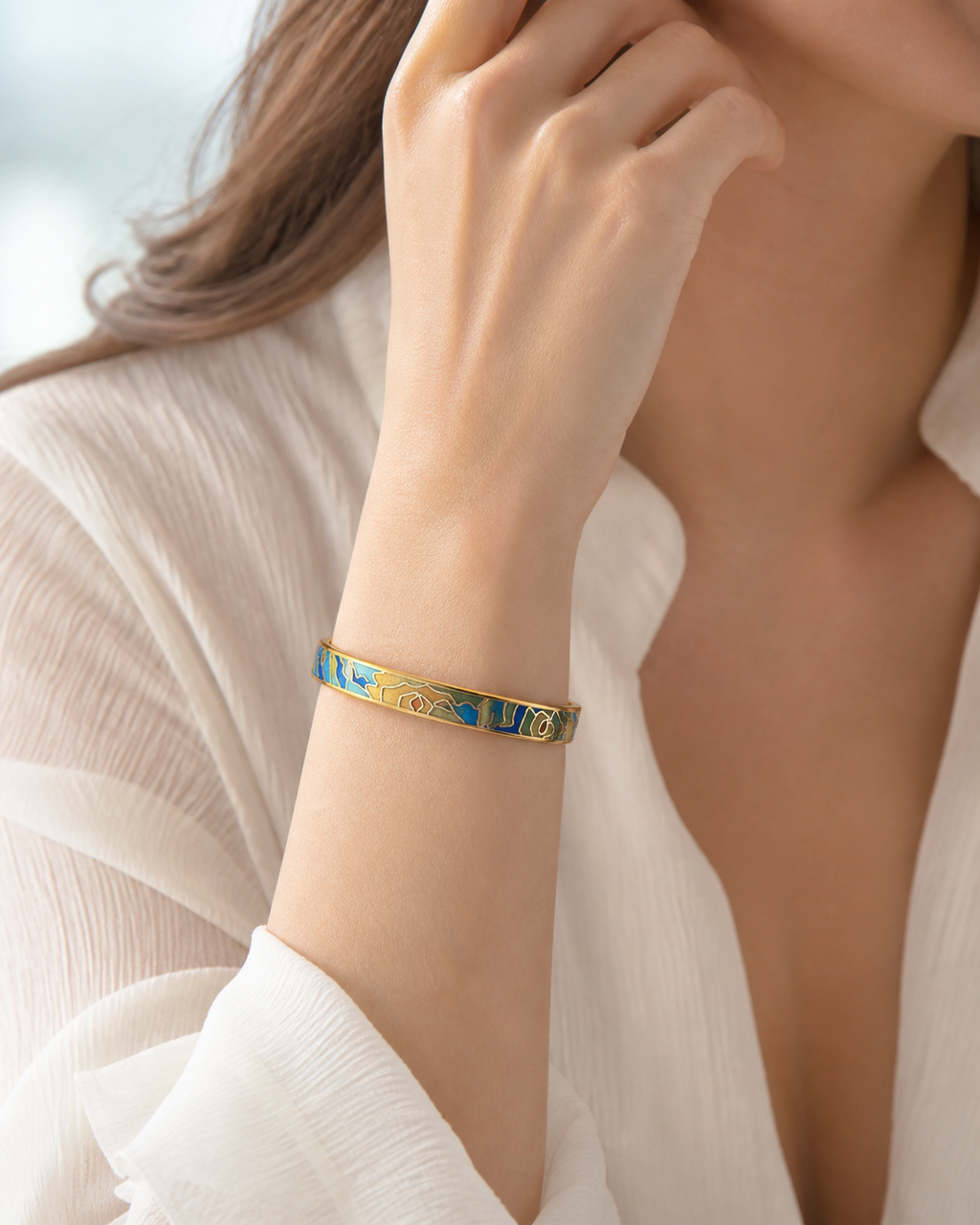 Blue Landscape Cloisonné Bangle with Gold-Tone Detailing
