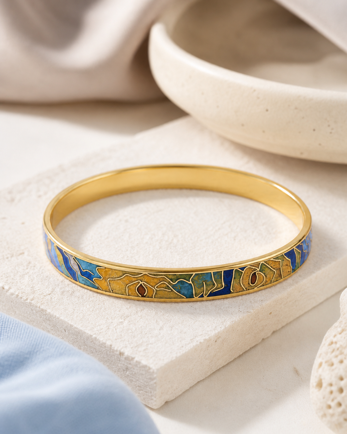 Blue Landscape Cloisonné Bangle with Gold-Tone Detailing