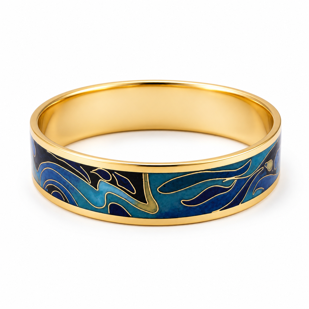 Blue Cloud Cloisonné Wide Bangle with Gold-Tone Detailing