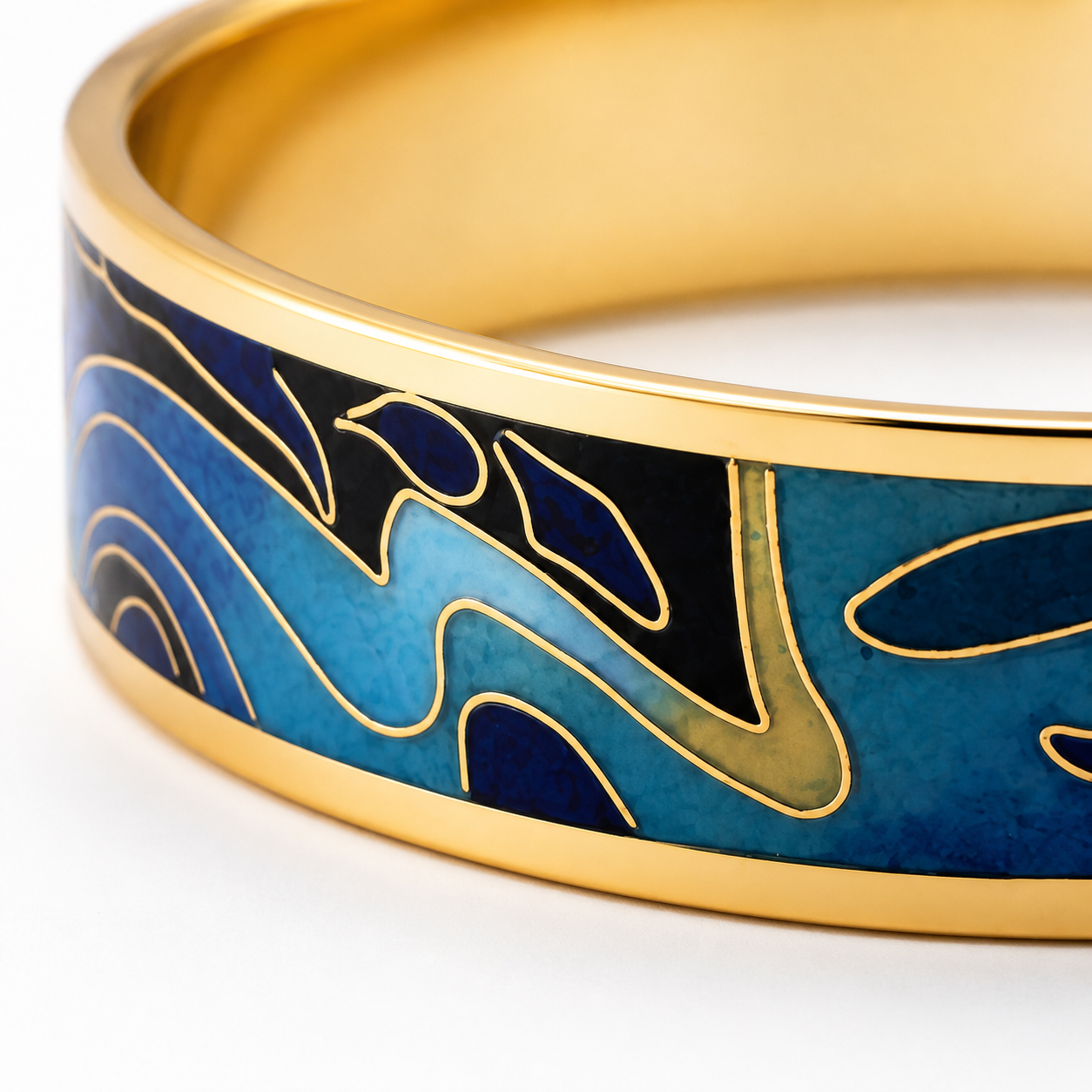 Blue Cloud Cloisonné Wide Bangle with Gold-Tone Detailing