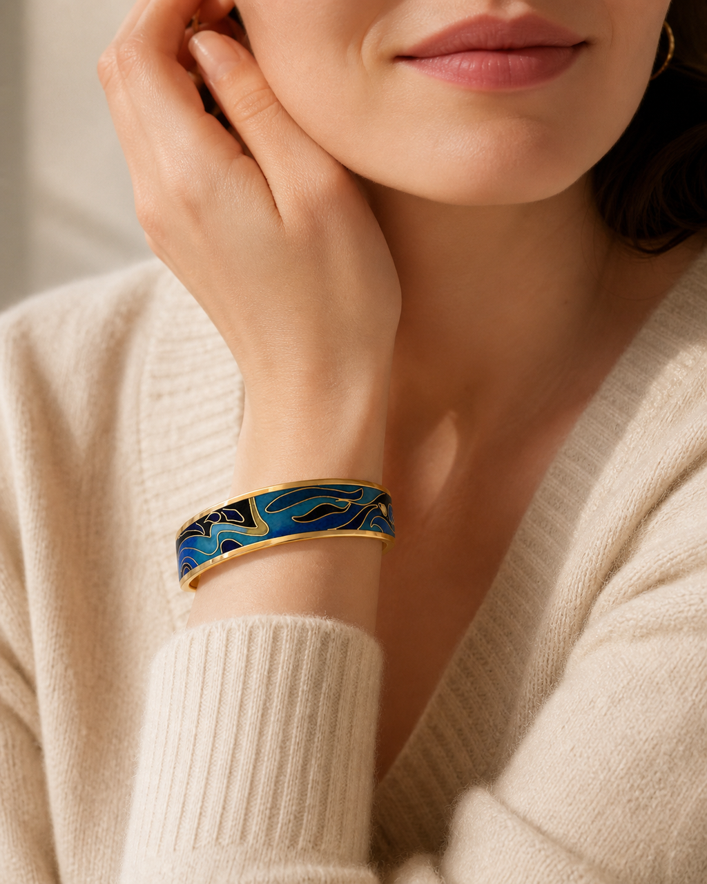 Blue Cloud Cloisonné Wide Bangle with Gold-Tone Detailing