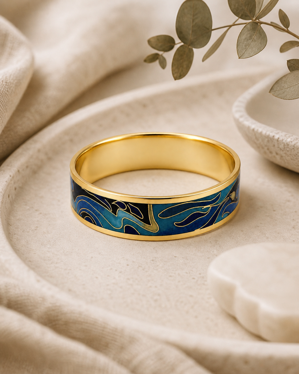Blue Cloud Cloisonné Wide Bangle with Gold-Tone Detailing
