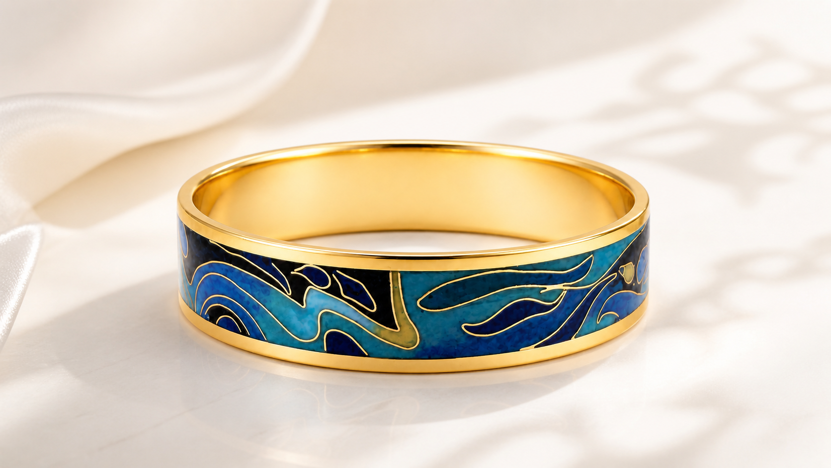 Blue Cloud Cloisonné Wide Bangle with Gold-Tone Detailing