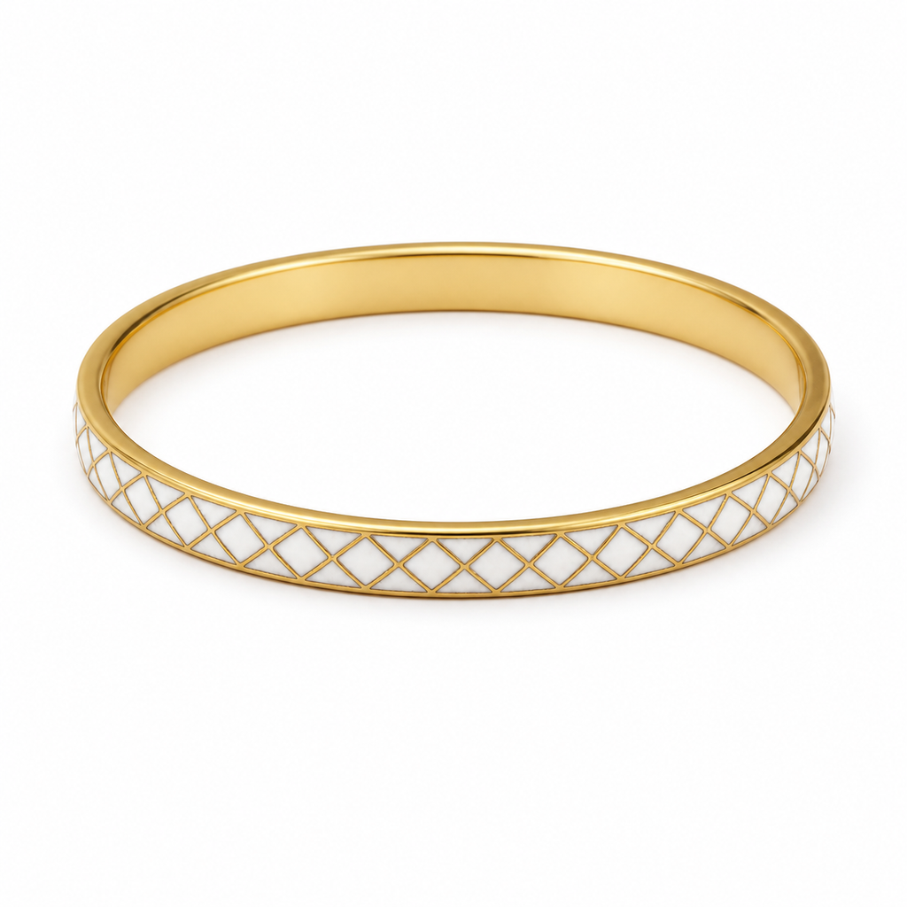 White Lattice Cloisonné Slim Bangle with Gold-Tone Detailing