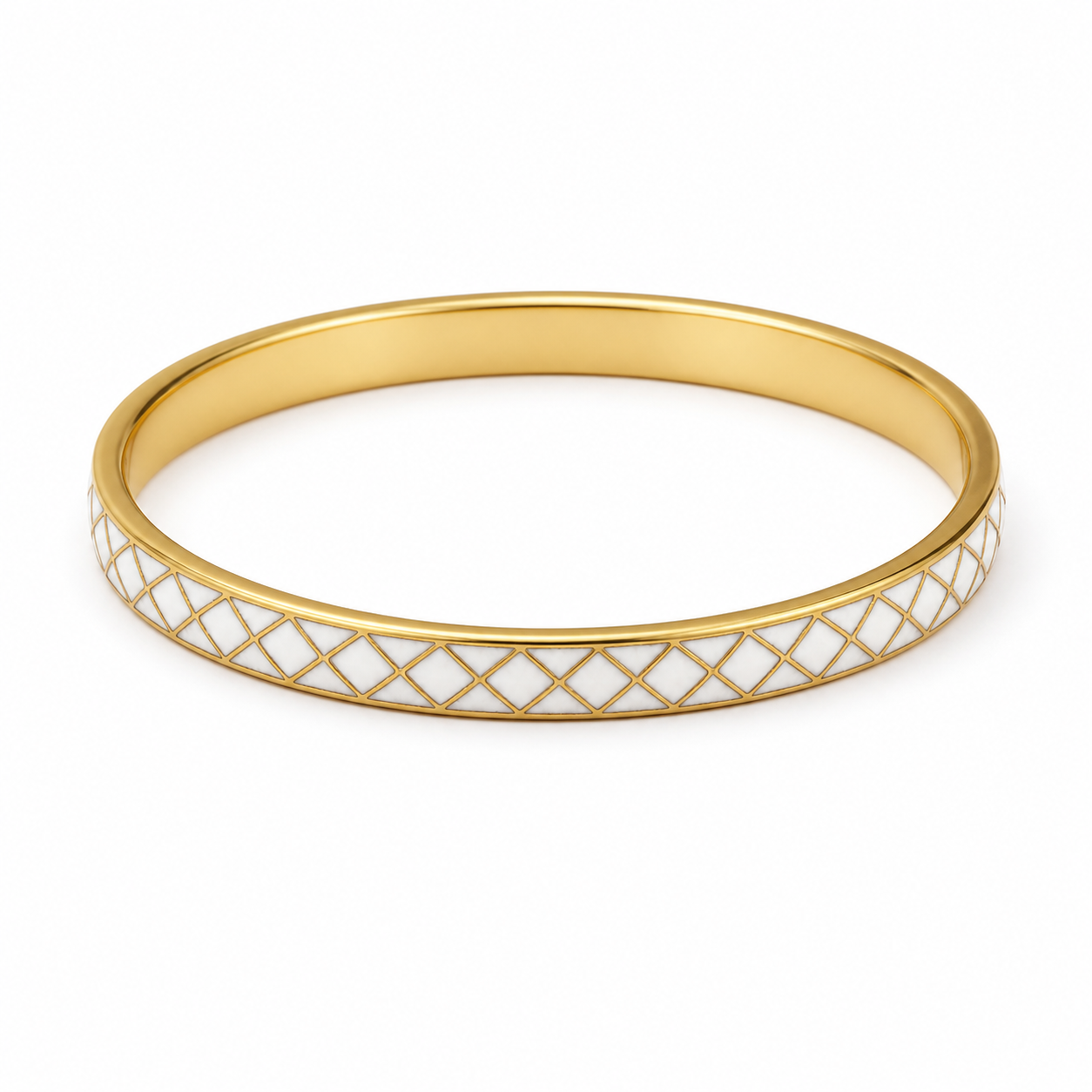 White Lattice Cloisonné Slim Bangle with Gold-Tone Detailing