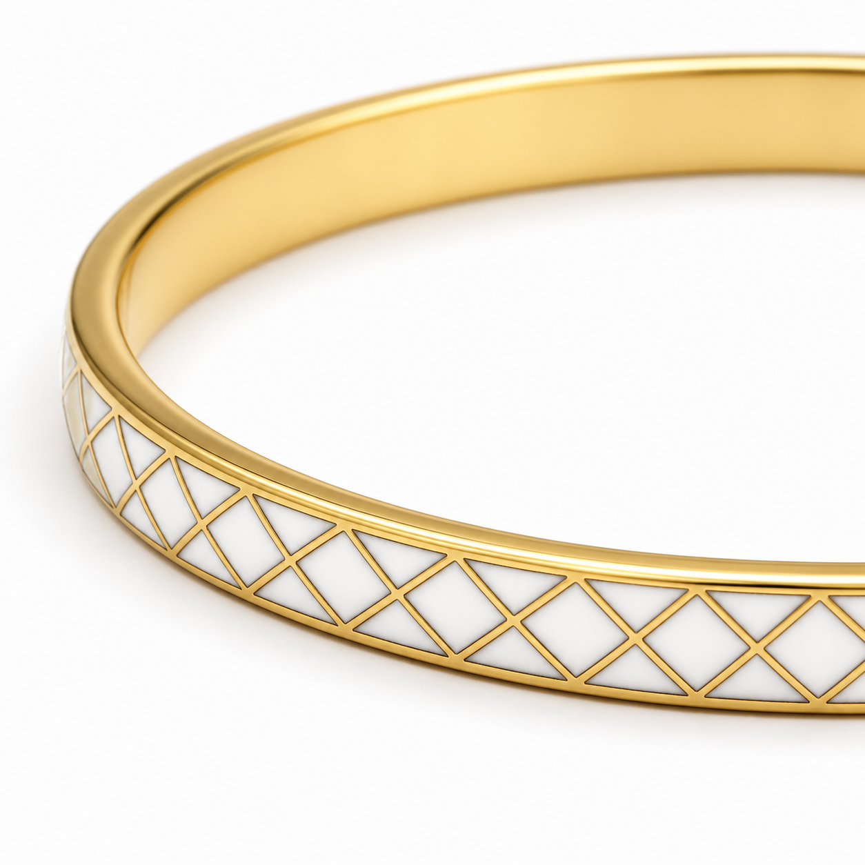 White Lattice Cloisonné Slim Bangle with Gold-Tone Detailing