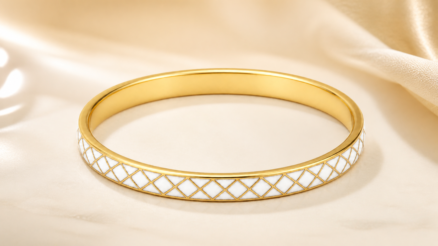 White Lattice Cloisonné Slim Bangle with Gold-Tone Detailing