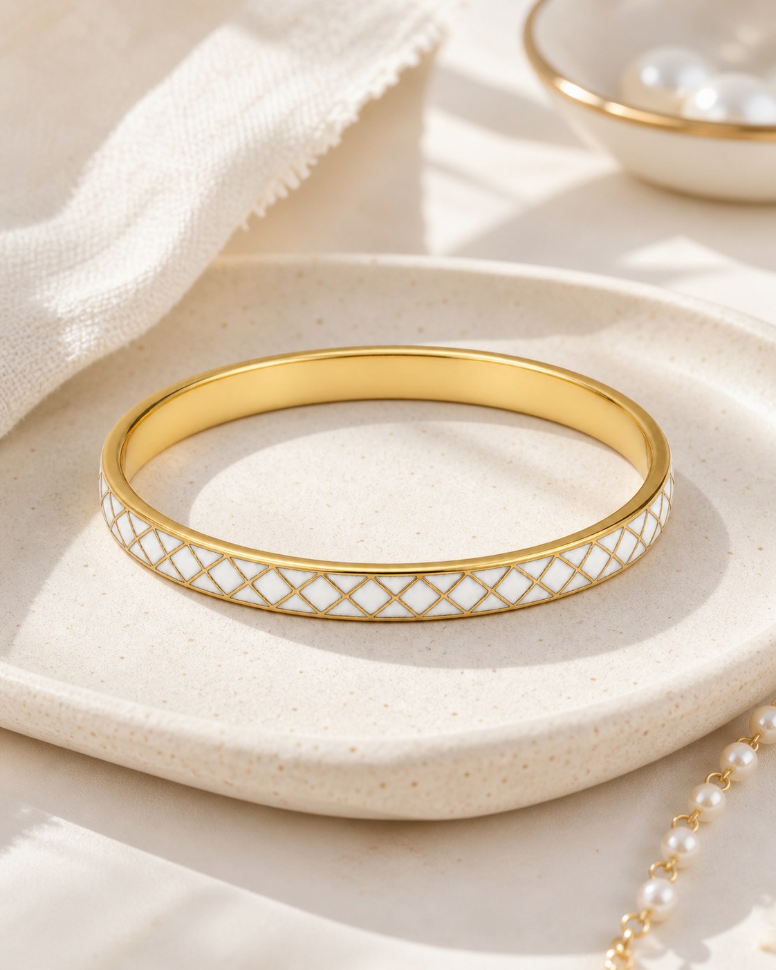 White Lattice Cloisonné Slim Bangle with Gold-Tone Detailing