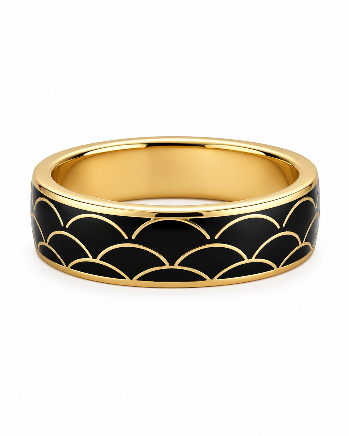 Black Scale Cloisonné Wide Ring with Gold-Tone Detailing