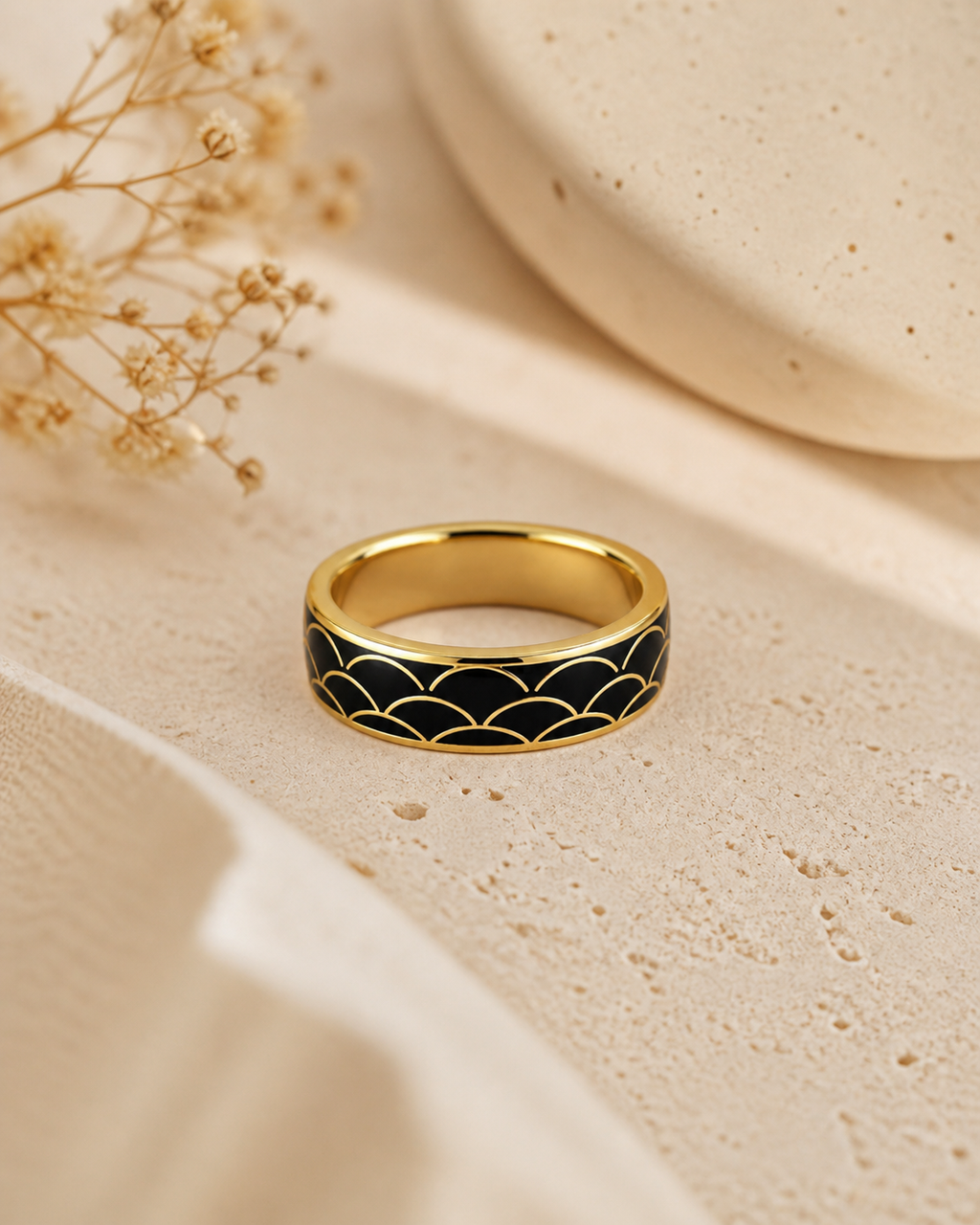 Black Scale Cloisonné Wide Ring with Gold-Tone Detailing