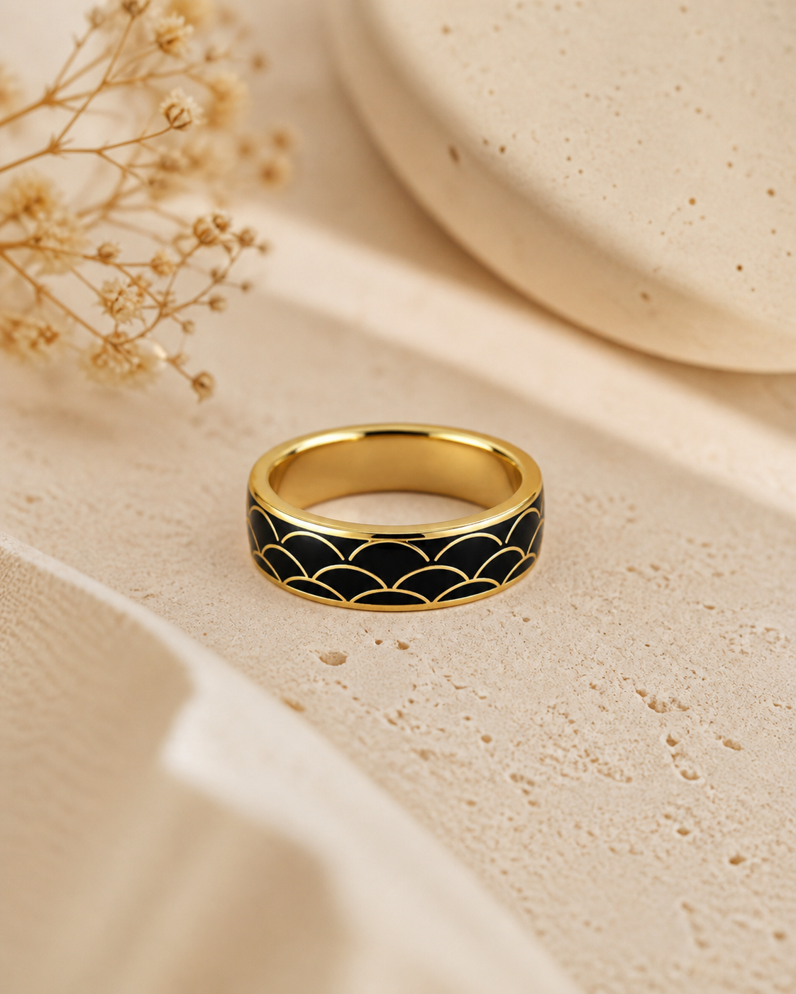 Black Scale Cloisonné Wide Ring with Gold-Tone Detailing