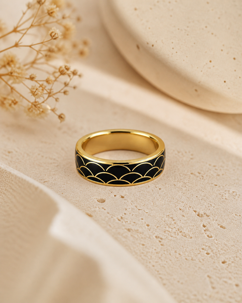 Black Scale Cloisonné Wide Ring with Gold-Tone Detailing