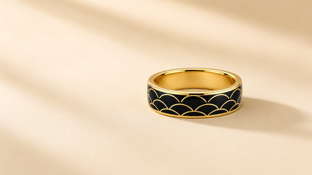 Black Scale Cloisonné Wide Ring with Gold-Tone Detailing