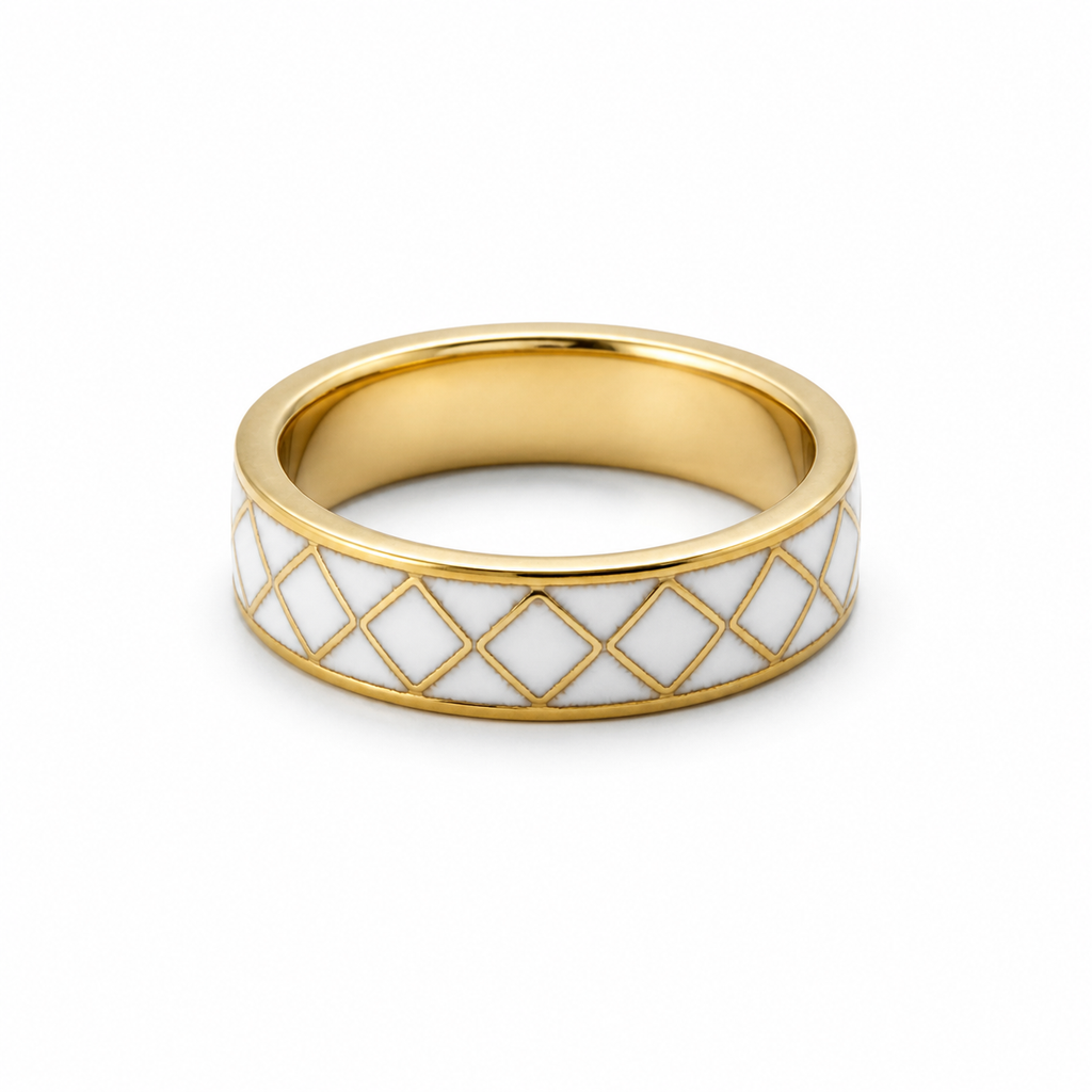White Diamond Cloisonné Wide Ring with Gold-Tone Detailing