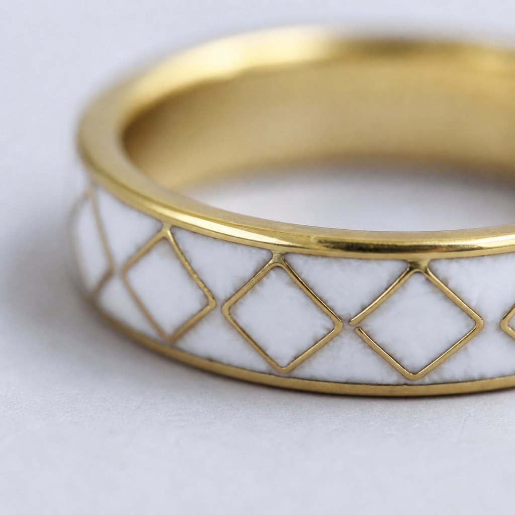 White Diamond Cloisonné Wide Ring with Gold-Tone Detailing