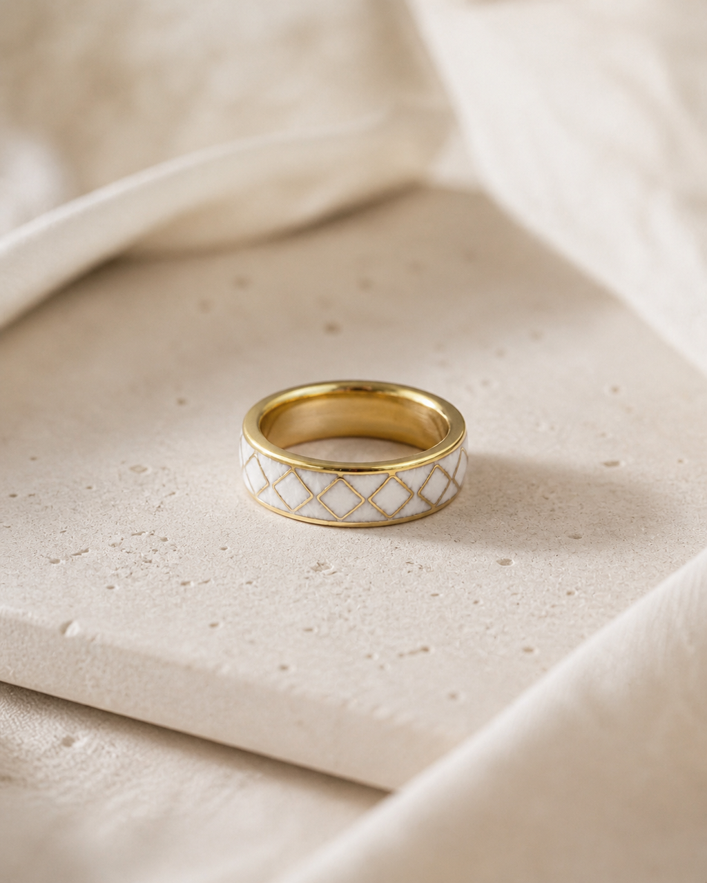 White Diamond Cloisonné Wide Ring with Gold-Tone Detailing