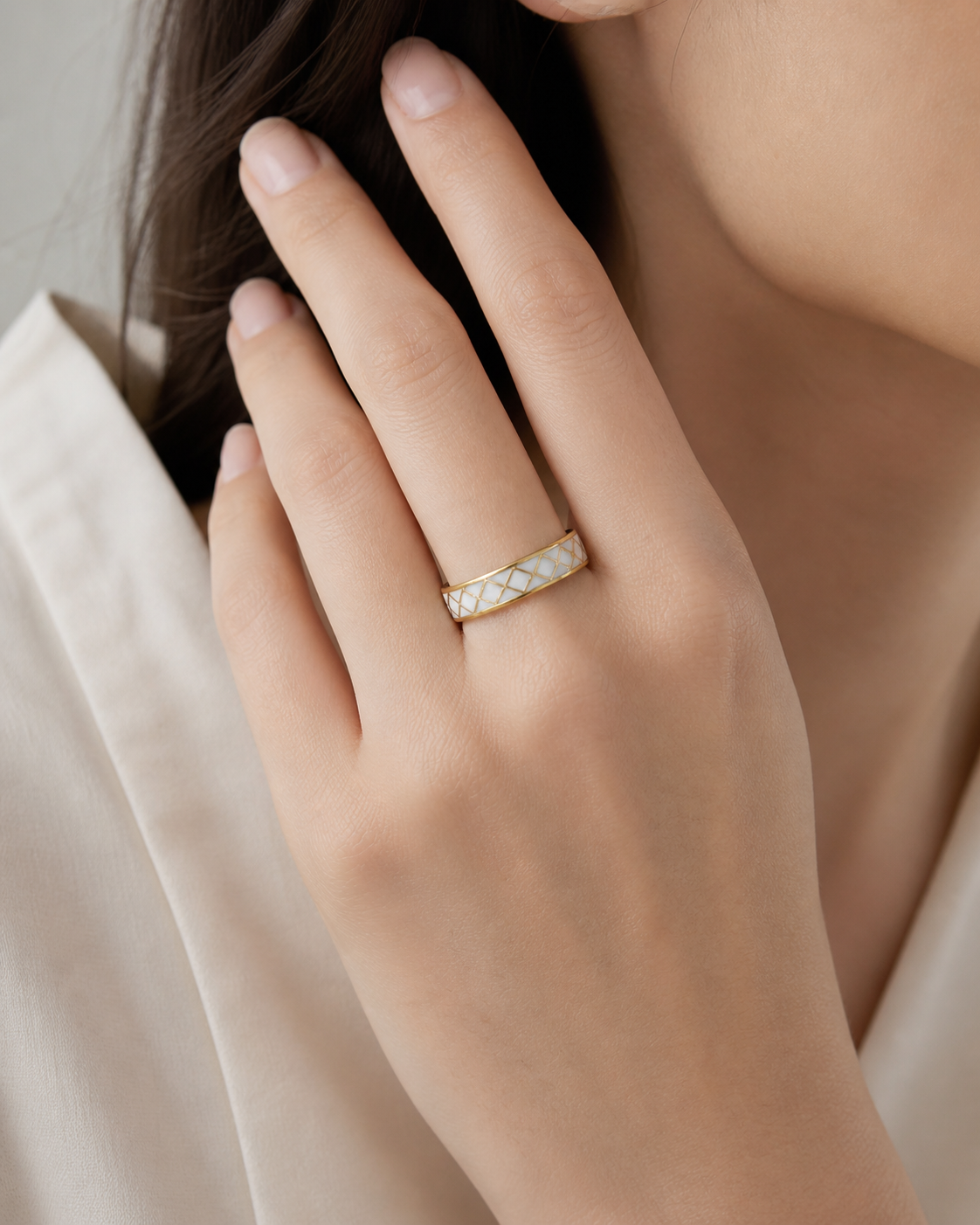 White Diamond Cloisonné Wide Ring with Gold-Tone Detailing