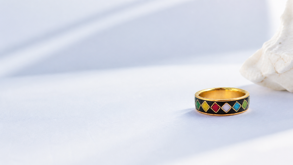 Multicolour Diamond Cloisonné Wide Ring with Gold-Tone Detailing