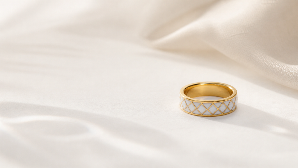 White Diamond Cloisonné Wide Ring with Gold-Tone Detailing